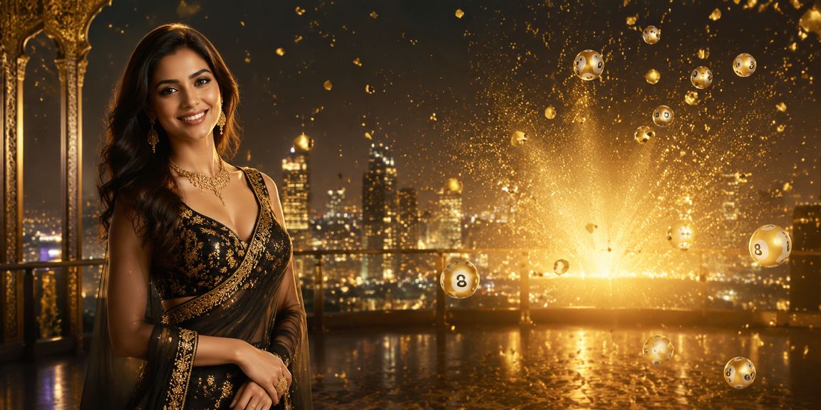 Indian woman holding lottery ticket with glowing jackpot icons