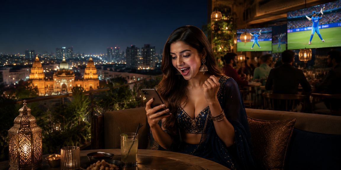 Young Indian woman playing Teen Patti on smartphone in Pune city